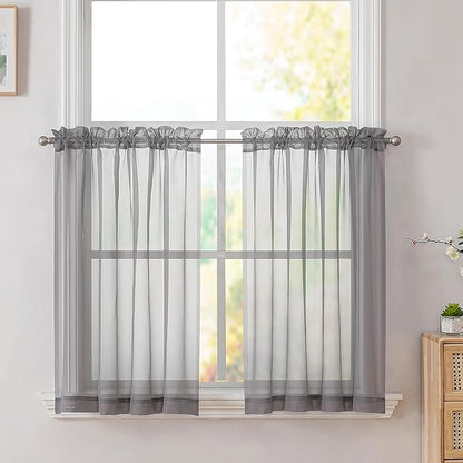 Simplebrand Grey Short Sheer Kitchen Tier Curtains 36/42 Inch Rod Pocket Cafe Curtains Half Window for Bathroom/Small Windows, 2 Panels