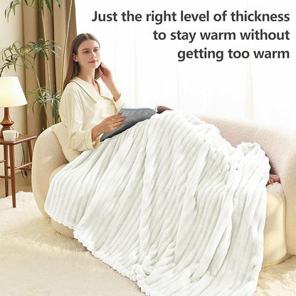 HIMEET Off White Ribbed Queen Size Blanket for Bed - 300GSM Lightweight Fleece Blanket for Men Women, Large Sofa Couch Cover Bed Blankets Gifts, Striped Spring Home Room Decor, Off White, 90x90 Inches