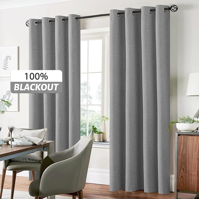 Yakamok Dove Grey Linen Curtains 100% Blackout 63 Inches Long,Room Darkening Textured Curtains for Living Room Thermal Grommet Bedroom Drapes 2 Panels with Greyish White Liner