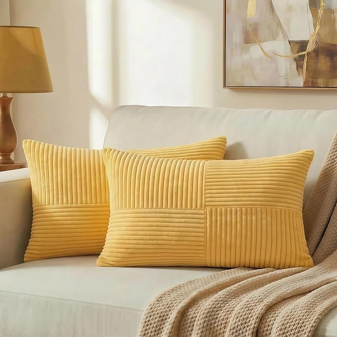 Fancy Homi 2 Packs Yellow Lumbar Decorative Throw Pillow Covers 12x20 Inch for Living Room Couch Bed Sofa, Farmhouse Boho Home Decor, Soft Striped Corduroy Rectangle Accent Cushion Case 30x50 cm