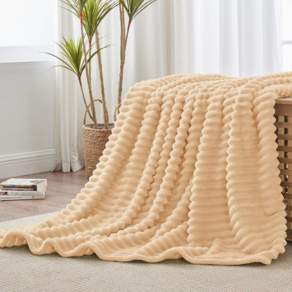 BEDELITE Fleece Throw Blanket for Couch - 300GSM Soft & Warm Fluffy Blush Sand Blanket, Decorative and Giftable Striped Blankets for Women, Men, 50"x60"