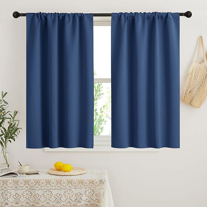 RYB HOME Short Blackout Curtains for Bedroom, Room Darkening Insulated Summer Heat Light UV Blocking Energy Saving Drapes for Nursery, Width 34 by Length 45, Navy Blue, Set of 2