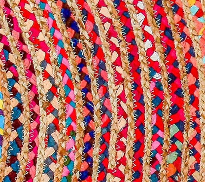 Hausattire Bohemian Braided Rug 3' Round - Multi Color, Small Farmhouse Jute Cotton Area Rag Rugs for Kids Bedroom, Playroom | Colorful Circle Hand Woven Cute Accent Mat