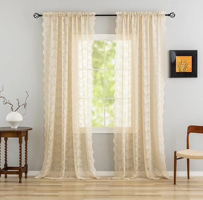 YJ YANJUN Vintage Lace Curtains 108 Inches Long-Victorian Floral Beige Sheer Curtains for Living Room Bedroom Light Filtering Drapes Antique Shabby Chic Cottage Core Decor 9ft W52 X L108 Light Brown