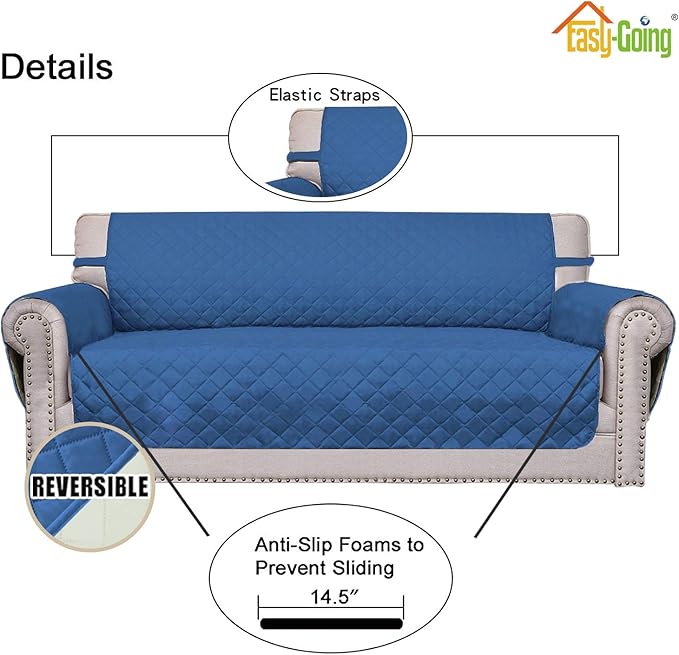 Easy-Going Reversible Couch Cover for 3 Cushion Couch Sofa Cover for Dogs Water Resistant Furniture Protector Cover with Foam Sticks Elastic Straps for Pet Cat (Sofa, Blue/Ivory)