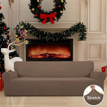 Easy-Going Stretch 4 Seater Sofa Slipcover 1-Piece Sofa Cover Furniture Protector Couch Soft with Elastic Bottom for Kids, Polyester Spandex Jacquard Fabric Small Checks Brown