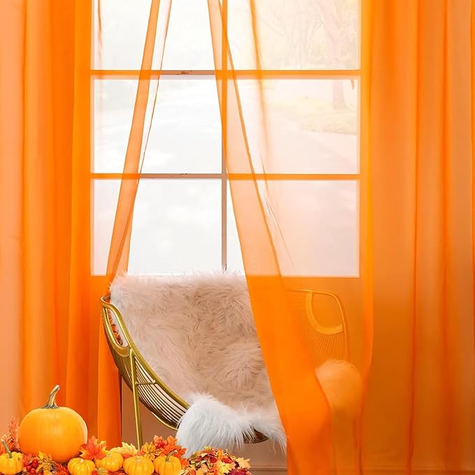 youleyar Solid Sheer Rod Pocket Curtain Voile Draperies 4 Panels White Beige Black Grey Ivory 52 Inch Width 45 Inch Long 1 Pair for Kitchen Bedroom Children Living Room Yard(Orange,52 Wｘ45 L)