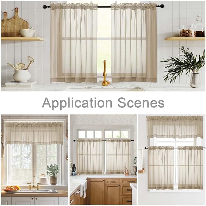Taupe Kitchen Curtains 30 Inch Length Tier 2 PCS, Solid Soft Airy Half Curtains for Windows, Taupe Sheer Rod Pocket Drapes for Bathroom Basement Small Window, 42" Wx30 L Inches