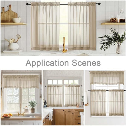 Taupe Kitchen Curtains 30 Inch Length Tier 2 PCS, Solid Soft Airy Half Curtains for Windows, Taupe Sheer Rod Pocket Drapes for Bathroom Basement Small Window, 42" Wx30 L Inches