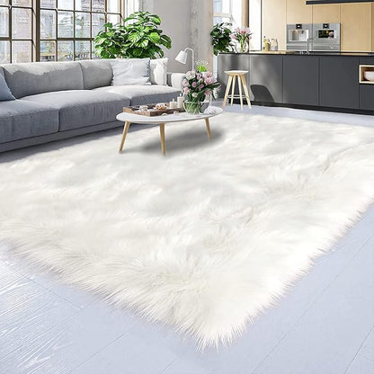 Latepis White Fur Rug 5x6.7, Faux Sheepskin Fluffy Washable Rug for Bedroom and Living Room, Playroom, Luxury Room Decor, Rectangle