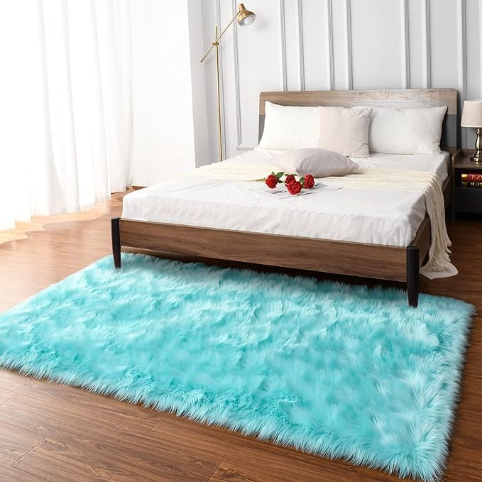 LOCHAS Soft Fluffy Faux Fur Rugs for Bedroom Bedside Rug 3x5 Feet, Washable, Furry Sheepskin Area Rug for Living Room Girls Room, Luxury Shag Carpet Home Decor, Blue