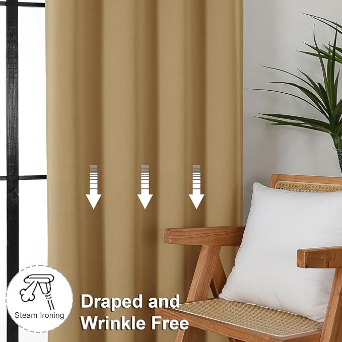 Simplebrand Ava Gold Blackout Curtains for Bedroom 96 Inches Long 2 Panels, Solid Thermal Insulated, Energy Saving Living Room Window Treatment Curtains Blackout Drapes, W40 x L96 Inch, Gold