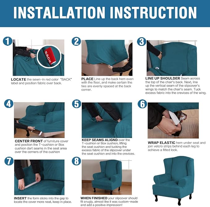H.VERSAILTEX Wingback Chair Covers Velvet Plush Wing Chair Slipcover 1 Piece High Stretch Wing Back Chair Slipcovers Sofa Cover Furniture Cover with Elastic Bottom, Deep Teal