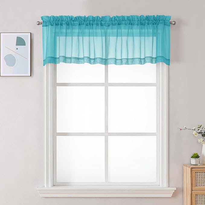 Chyhomenyc Turquoise Sheer Valances for Windows - Light Filtering Small Kitchen Curtains, Rod Pocket Short Top Window Treatment Decor for Living Room Bathroom Basement, 42Wx16L inches, 2 Panels