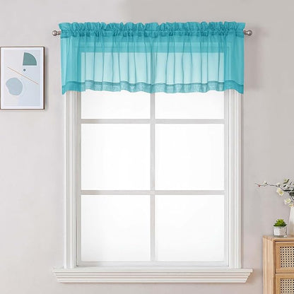 Chyhomenyc Turquoise Sheer Valances for Windows - Light Filtering Small Kitchen Curtains, Rod Pocket Short Top Window Treatment Decor for Living Room Bathroom Basement, 42Wx16L inches, 2 Panels