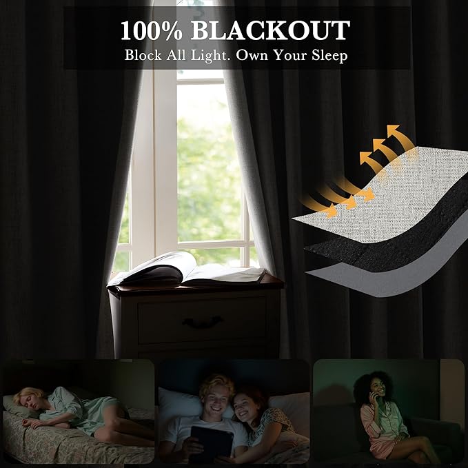 RYB HOME Cream Color 100% Blackout Curtains for Bedroom 102 inch Long 52 inch Wide, Linen Blackout Curtains Privacy Protection& Thermal Insulated for Sliding Door/Living Room, 2 Panels