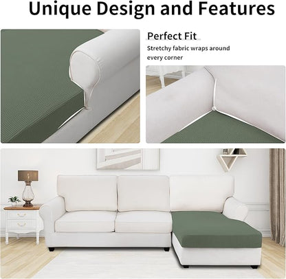 Easy-Going Stretch Sectional Couch Covers 1 Piece Chaise Lounge Slipcover L Shape Separate Cushion Couch Seat Chaise Cover for Both Left/Right Sectional Couch Grayish Green