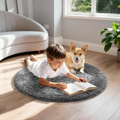 Ophanie Round Rug 2Ft Grey Circle Area Rug, Fluffy Fuzzy Bedroom Carpet, Plush Soft Shaggy Indoor Floor Gray Living Room Rugs for Kids Home Decor Aesthetic, Nursery