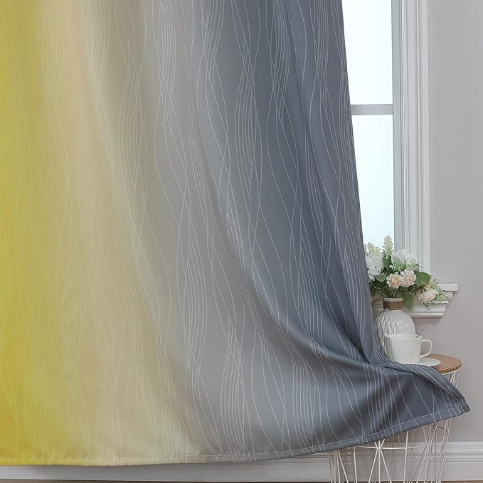 Estelar Textiler Ombre Grey and Yellow Blackout Curtains 72 Inch Length 2 Panels, Full Light Blocking Curtains for Living Room,Grommet Thermal Insulated Gradient Drapes for Bedroom, 42x72 Inch