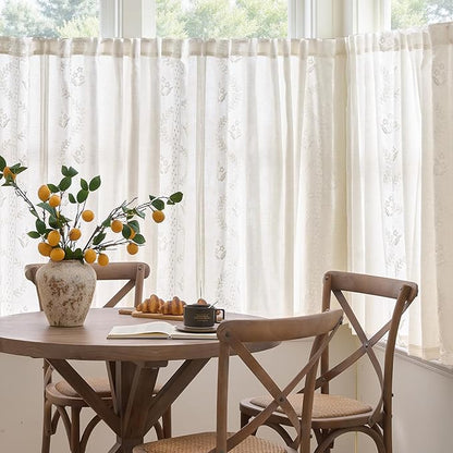 jinchan Belrose Linen Floral Cafe Curtains 54 Inch Length Embroidered Farmhouse Curtains for Kitchen Bedroom Bathroom Small Windows Curtain Set Light Filtering 2 Panels White