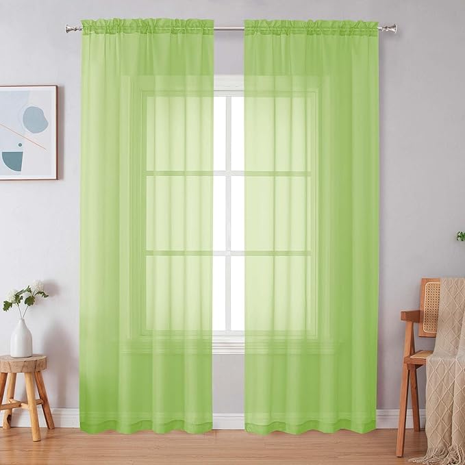Simplebrand Lime Sheer Curtains 72 Inches Long 2 Panels for Living Room, Rod Pockets Airy Window Treatments Voile Sheer Black Curtains Panels Lightweight for Front Back Patio Glass Door, 42" Width