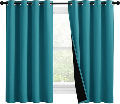 NICETOWN 100% Blackout Curtains 57 inches Long, Double-Deck Completely Blackout Window Treatment Thermal Insulated Lined Drapes for Small Window (Peacock Teal, 1 Pair, 55 inches Width Each Panel)