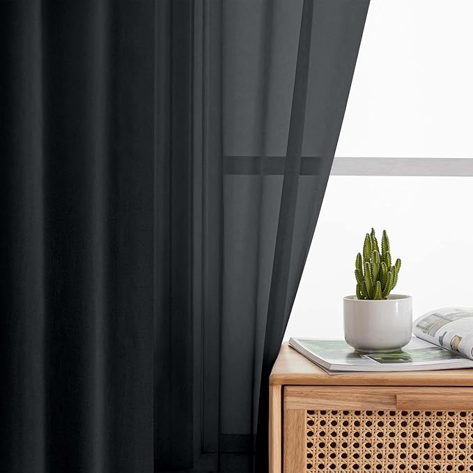 Black Sheer Curtains for Bedroom Living Room 45 Inch Length 2 Panels, Soft Airy Light Filtering Small Kitchen Window Curtains, Rod Pocket Short Curtain Drapes, Black, 42" Wx45 L Inches
