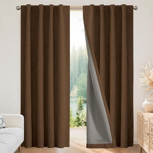 Joydeco Blackout Curtains for Bedroom - 100% Light Blocking 2 Panels Cappuccino Drapes 66" W x 96" L, Thermal Insulated Room Darkening Curtains, Linen Textured for Living Room, Rod Pocket & Back Tabs