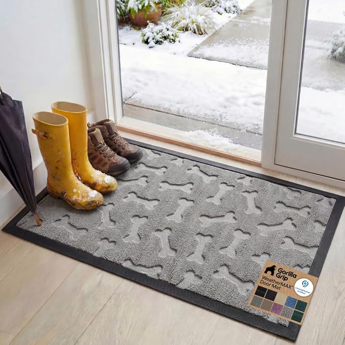 GORILLA GRIP 100% Waterproof All-Season WeatherMAX Doormat, 47x35, US Designed Natural Rubber, Stain and Fade Resistant, Low Profile Indoor Outdoor Door Mats, Easy Clean Patio Mat, Light Gray Bones
