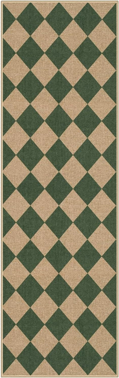 Lahome Colette Checkered Kitchen Runner, 2x8 Easy Jute Runner Rug for Hallway Entryway, Farmhouse Indoor Outdoor Non Slip Non Shedding Green Carpet for Laundry Bedroom Porch Corridor