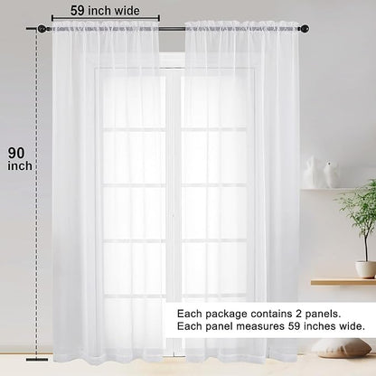OWENIE White Sheer Curtain 90 Inches Long 2 Panels Set, Solid Filmy Drapes for Living Room Bedroom, Elegant Window Voile Sheer Curtain Panels Drapes, 2 Pcs, Each 59W x 90L Inch