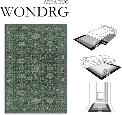 8x10 Washable Area Rug for Living Room Bedroom Vintage Green Non Slip Carpet Traditional Retro Soft Low Pile Large Throw Rug for Dining Room Kitchen Office Indoor