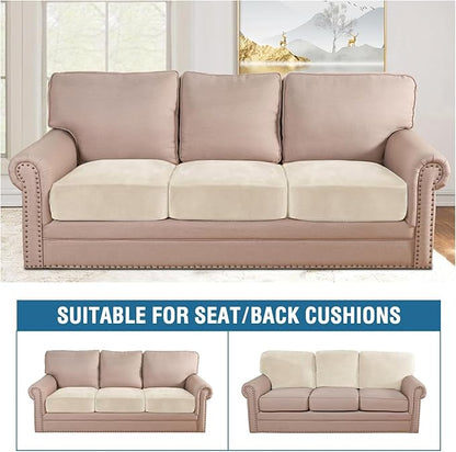 H.VERSAILTEX Velvet Stretch Couch Cushion Cover Plush Cushion Slipcover for Chair Loveseat Sofa Cushion Furniture Protector Seat Cushion Sofa Cover (3 Piece Sofa Cushion Covers, Cream)