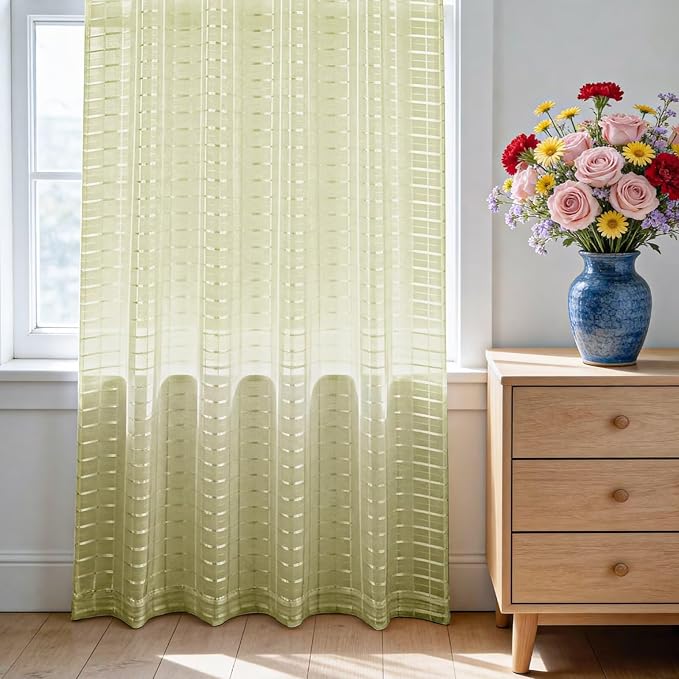 SpaceDresser Check Sheer Curtains 63 Inches 2 Panels Set, Rod Pocket Plaid Window Curtain for Living Room, Sage Green Semi Sheer Drapes for Kitchen Bedroom Children Room Yard（Sage Green, 52W x 63L）