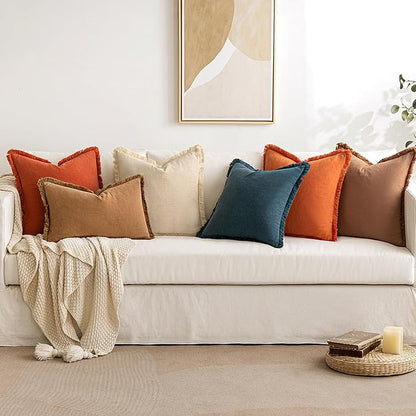 MIULEE Decorative Throw Pillow Covers Neutral Linen Fringe Throw Pillows Set of 2 Orange Boho Farmhouse Cushion Covers with Tassels for Couch Sofa Bed Living Room Spring Home Decor 18x18 Inch