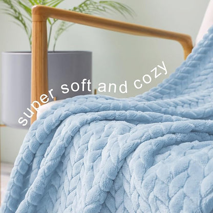 Exclusivo Mezcla Light Blue Fleece King Size Blanket for Bed, 90x104 Inches Soft Cozy 3D Decorative Jacquard Flannel Blankets, Lightweight Fuzzy Plush Warm Blankets for All Seasons