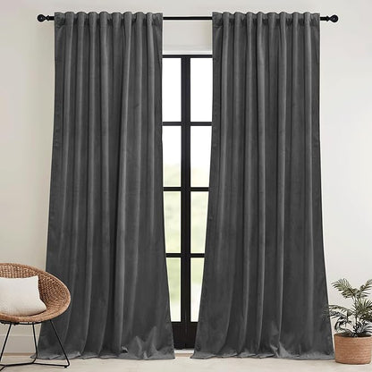 RYB HOME Grey Velvet Curtains 102 inches with Hook Belt, Soft Fabric Room Darkening Thermal Insulated Luxurious Home Decor Curtains for Living Room Bedroom, W 52" x L 102", 2 Panels Set