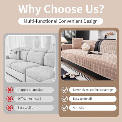 Velvet Couch Cover, Washable Sectional Sofa Cover, Anti Slip Sofa Slipcovers for 3 Cushion Couch Sofa L Shaped Recliner, Furniture Protector Covers for Pets Kids(Khaki, Only 1 PCS)
