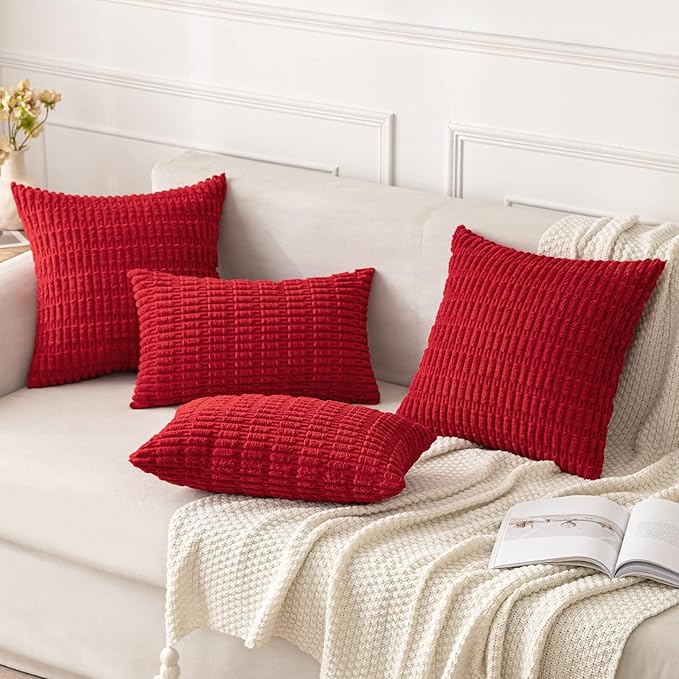 MIULEE Pack of 2 Red Corduroy Decorative Pillow Covers 12x12 Inch Soft Boho Striped Throw Pillow Covers Modern Farmhouse Home Decor for Sofa Living Room Couch Bed
