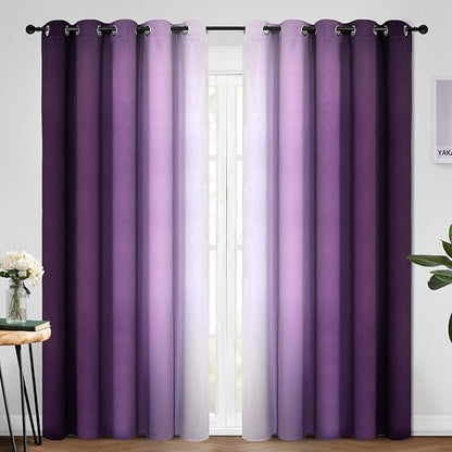 Yakamok Room Darkening Ombre Curtains 84 Inch Length, Purple and Greyish White Thermal Insulated Gradient Color Curtains,Light Blocking Grommet Window Drapes for Bedroom,70 Inch Width,2 Panels