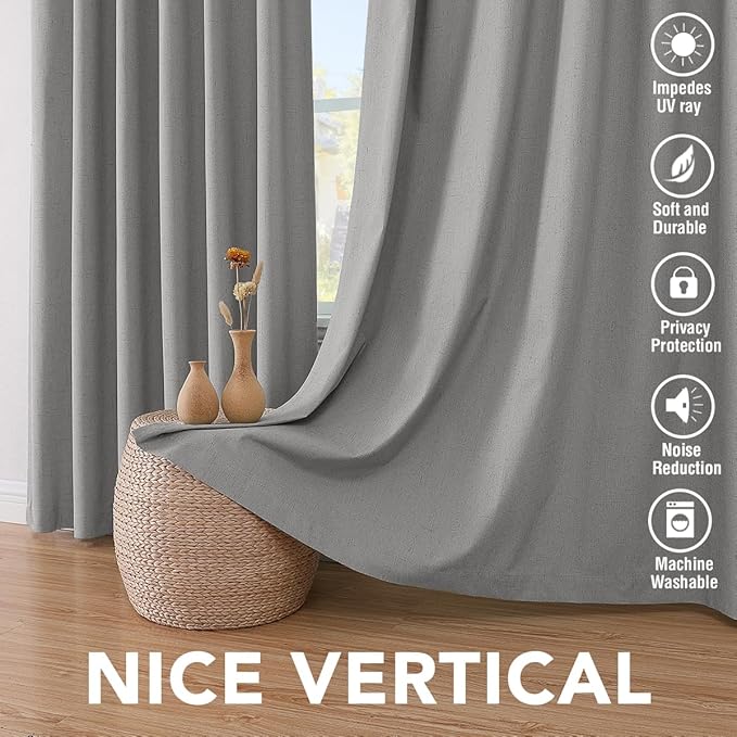 H.VERSAILTEX Primitive Linen Curtains 100% Blackout Curtain Drapes Burlap Curtains with White Thermal Insulated Liner, Grommet Top Drapes Living Room/Bedroom (2 Panels, 42 x 63 Inch, Dove Gray)