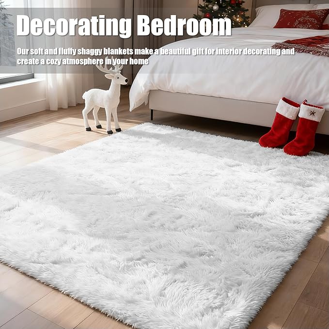 Shag Area Rug for Bedroom 4x6,White Fluffy Area Rugs for Living Room,Soft Fuzzy Rug Non-Shedding Indoor Plush Carpet for Kids Bedroom Nursery Dorm Home Decor