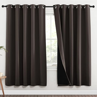 NICETOWN 100% Blackout Window Curtain Panels, Brown, 2 Pieces, 70-inch Wide Per Panel, Full Light Blocking Drapes with Black Liner for Nursery, 72-inch Drop Thermal Insulated Draperies