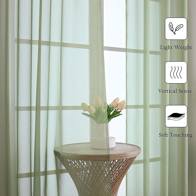 Lecloud Sage Green Sheer Curtains 84 Inches Long 2 Panels Set, Solid Airy Voile Sheer Curtain Drapes, Elegant Light Filtering Window Treatments for Living Room Bedroom, Dual Rod Pocket, 59" W x 84" L