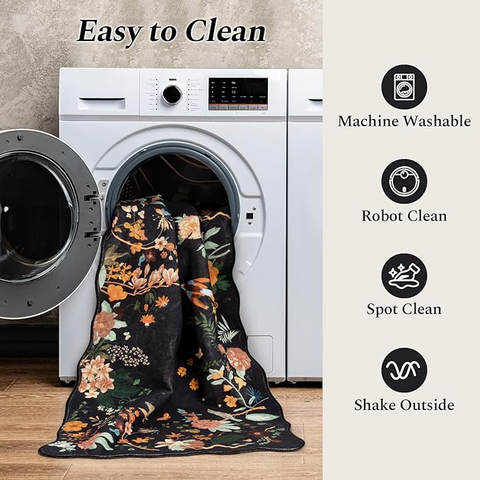 Rugflix 2x6 Runner Rug for Hallway, Washable Kitchen Runner Non Slip, Soft Low Pile Entryway Carpet, Vintage Floral Stain Resistant Long Laundry Room Rugs for Bedroom, Stairs