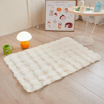 Creamy White Rabbit Plush Rug 2'x3', Fluffy Faux Fur Shaggy Area Rug for Nursery, Kids Room Decor, Soft Fuzzy Carpet for Living Room, Bedroom, Teen Girls Room