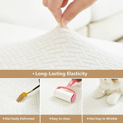 Couch Cushion Covers for Sofa Couch Covers Wear-Resistant Universal Sofa Cover Washable Stretch for Sectional Slipcovers (Texture-Cream White,Large Triple Seat Cover)