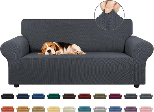 KEKUOU Stretch Loveseat Sofa Cover Slipcover,Couch Covers for 2 Cushion Couch Sofa (55"-78") Furniture Protector Sofa with Elastic Bottom for Kids,Dog. Jacquard Small Checked (Medium,Charcoal)