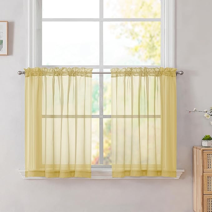 Simplebrand Yellow Tier Curtains for Kitchen 24 Inches Long 2 Panel Set, Rod Pocket Cafe Curtain Light Filtering Sheer Short Curtains for Bathroom/Basement Half Window 42 x 24 Inch, 2Pcs