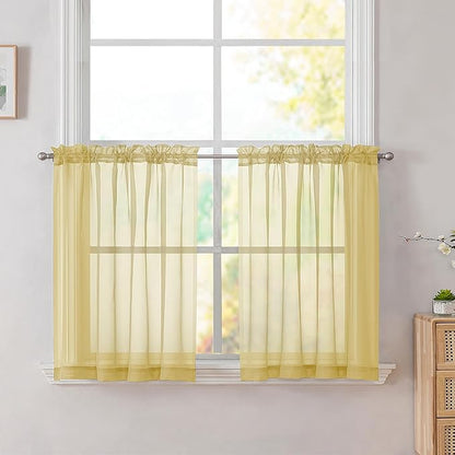 Simplebrand Yellow Tier Curtains for Kitchen 24 Inches Long 2 Panel Set, Rod Pocket Cafe Curtain Light Filtering Sheer Short Curtains for Bathroom/Basement Half Window 42 x 24 Inch, 2Pcs
